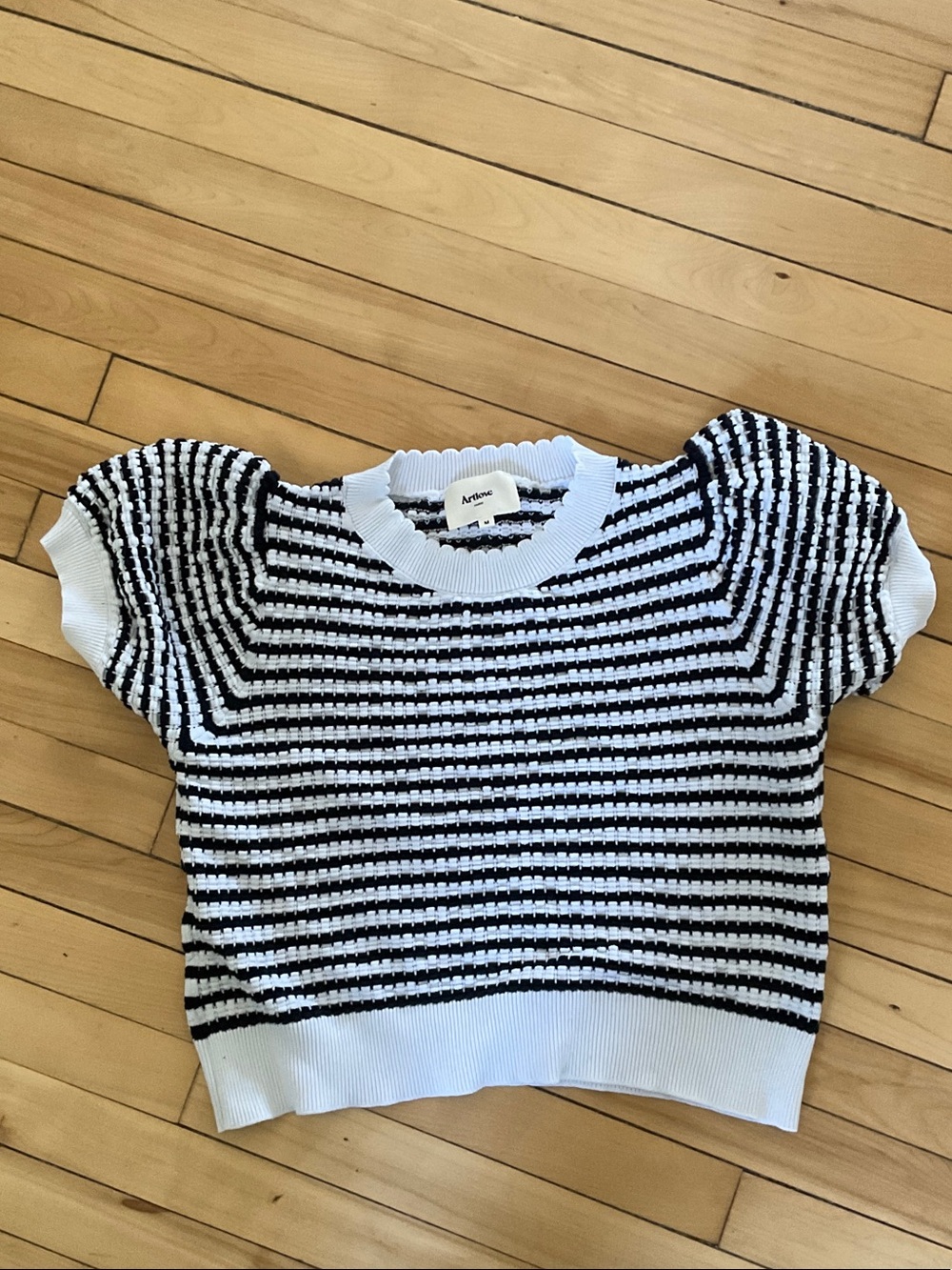 Navy Blue & White Striped Puff Sleeve Knit Top